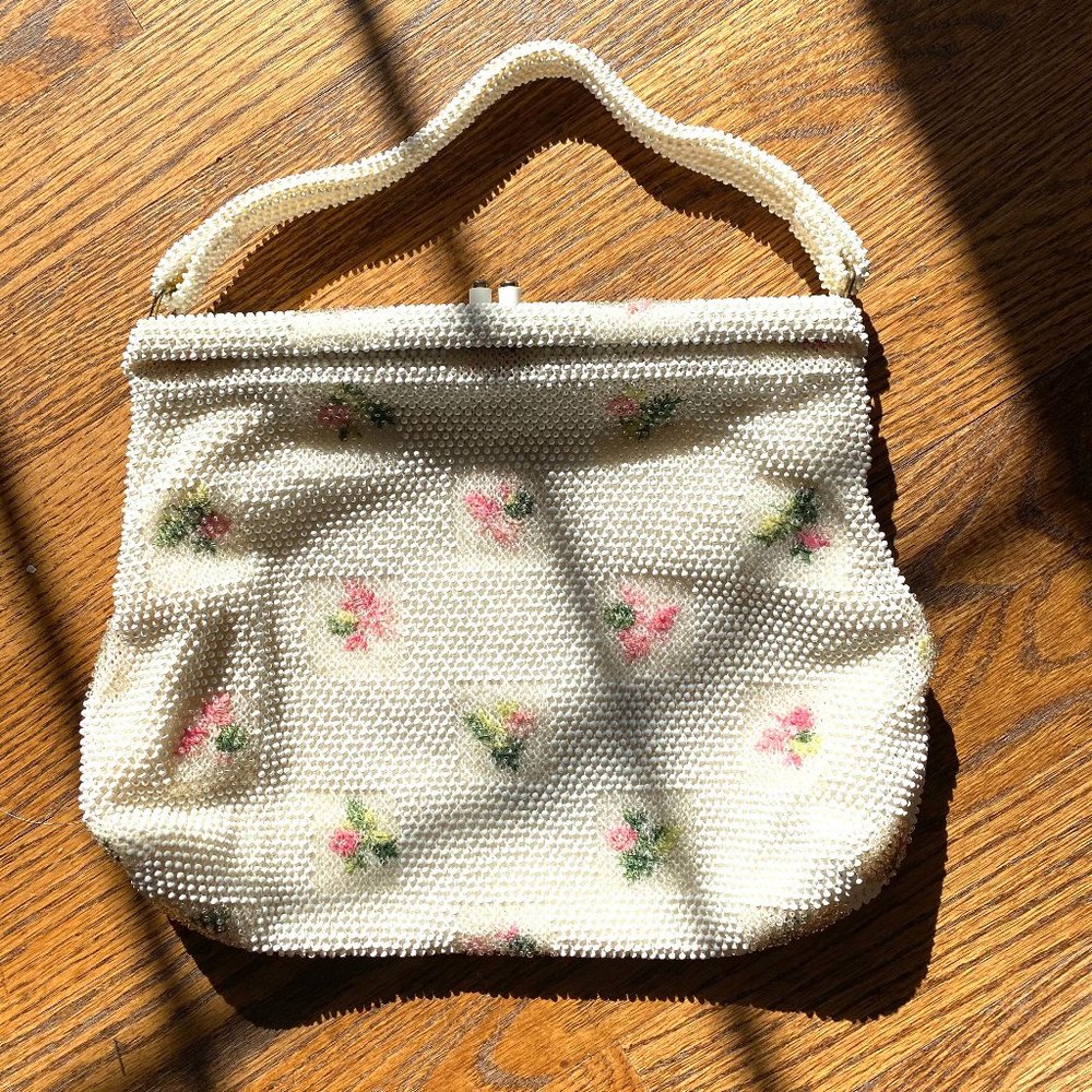 Vintage Off-White Floral Beaded Mini Bag